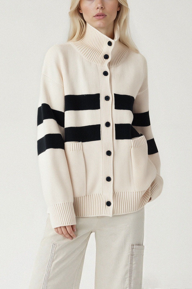 Color Block Stripe Plus Size Knit Turtleneck Cardigan