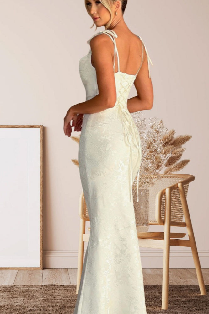 Solid Sash Backless Mermaid Formal Dress S / White