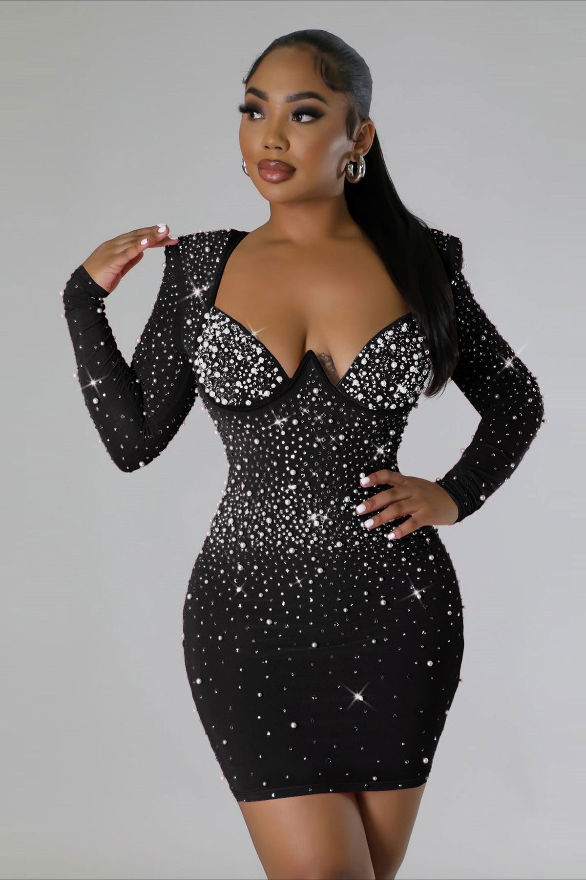 Rhinestone Long Sleeve Bodycon Cocktail Midi Dress