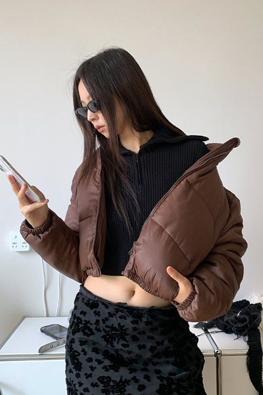 Brown Stand Collar Puffer Coat - Fashionpara