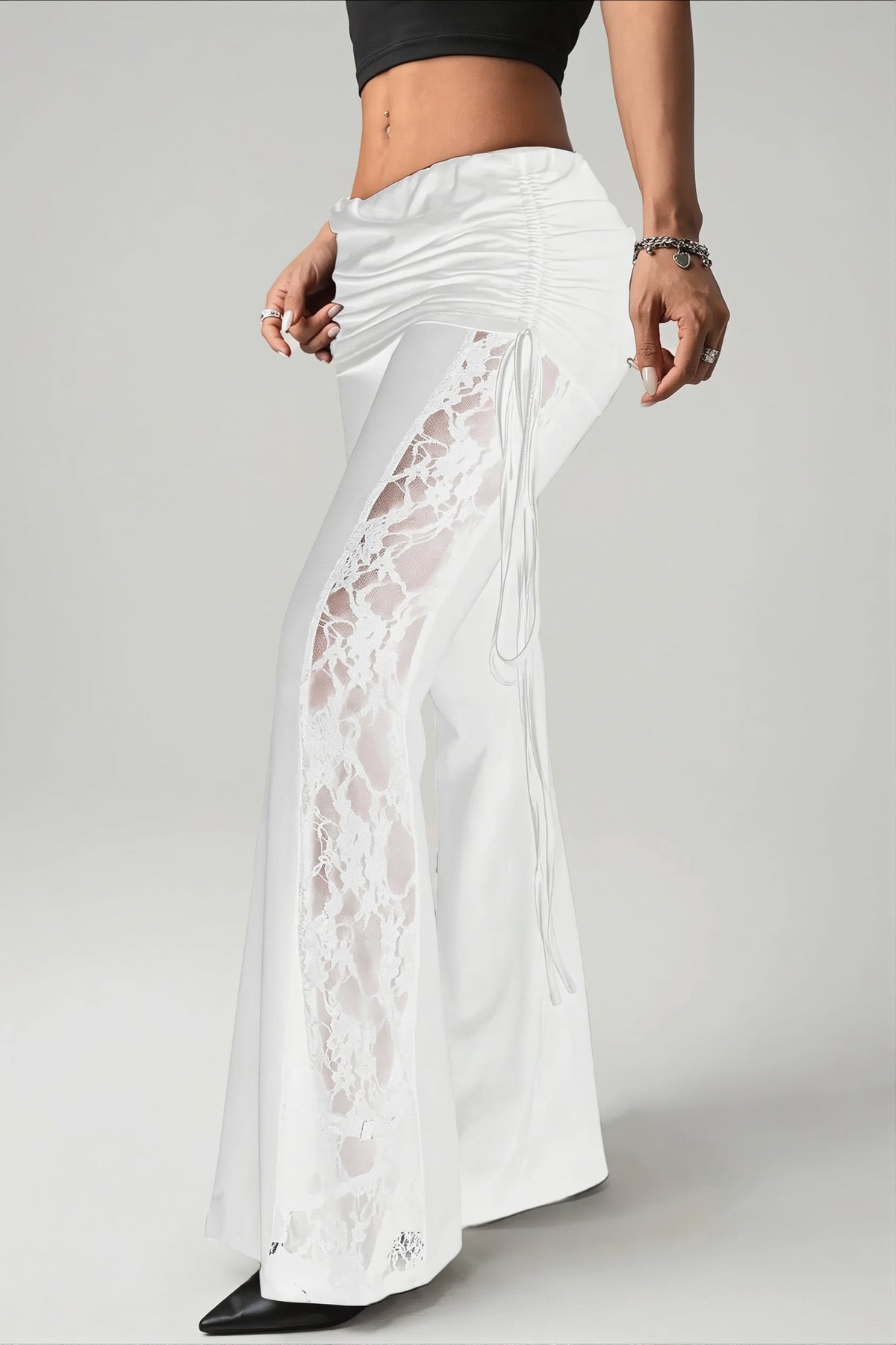 Lace Panel Side Tie Flare Pants