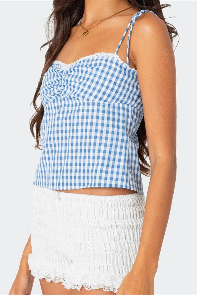 Plaid Tie-up Backless Ruched V-neck Crop Top