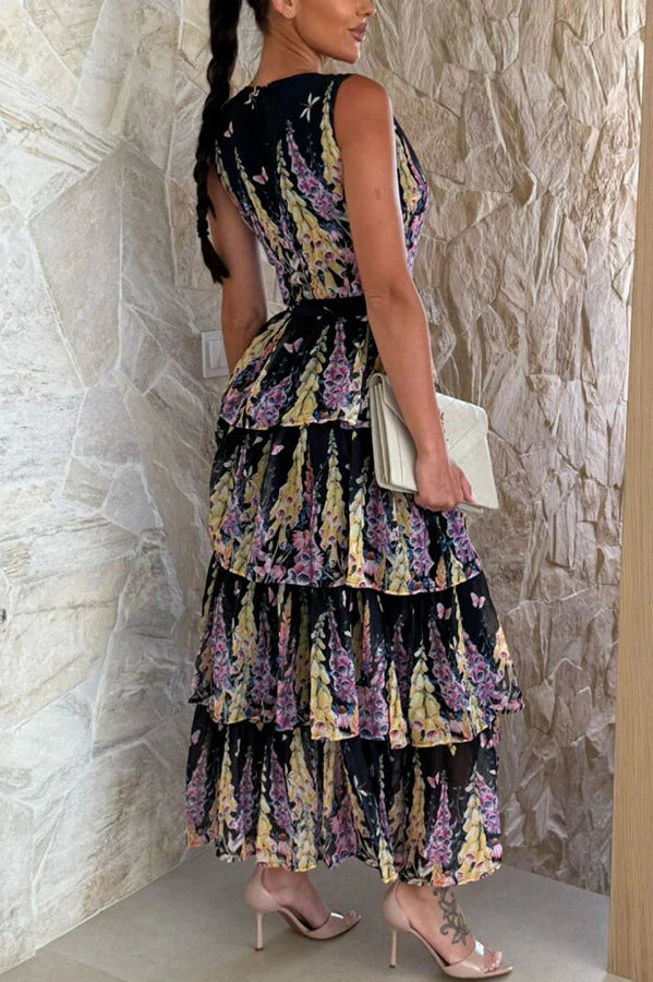 Sunny Views Lavender Print V-neck Tie-up Tiered Maxi Dress - Fashionpara