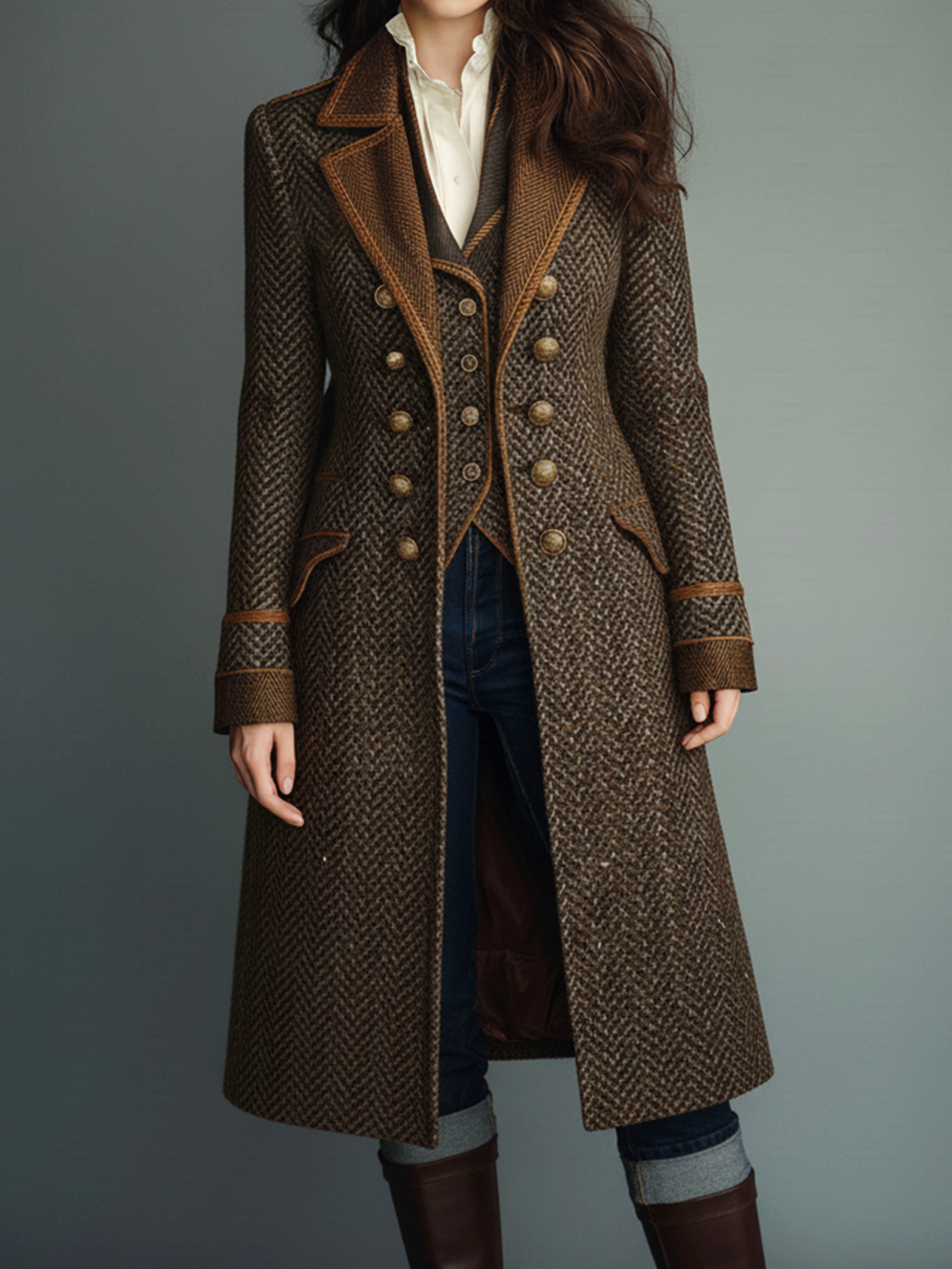 Retro Double-Breasted Herringbone Wool Long Coat