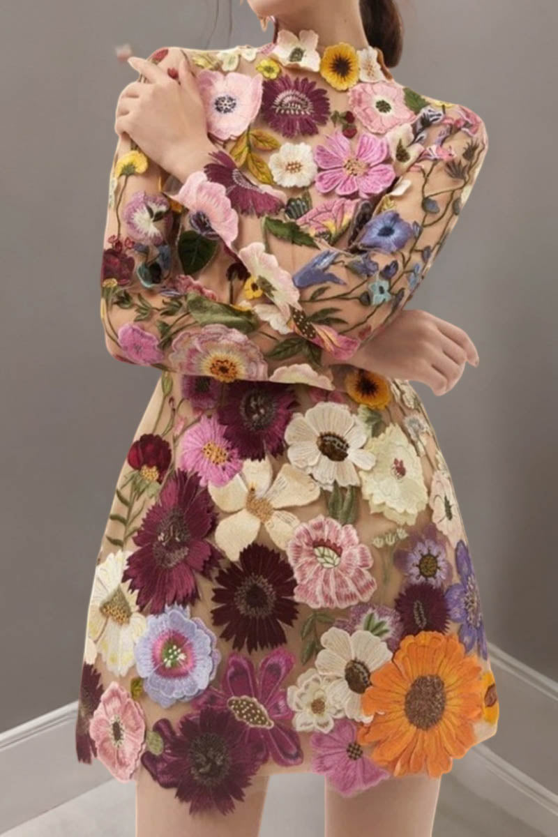 3D Lace Flower Embroidered Long-sleeved Fitted Dress - Fashionpara