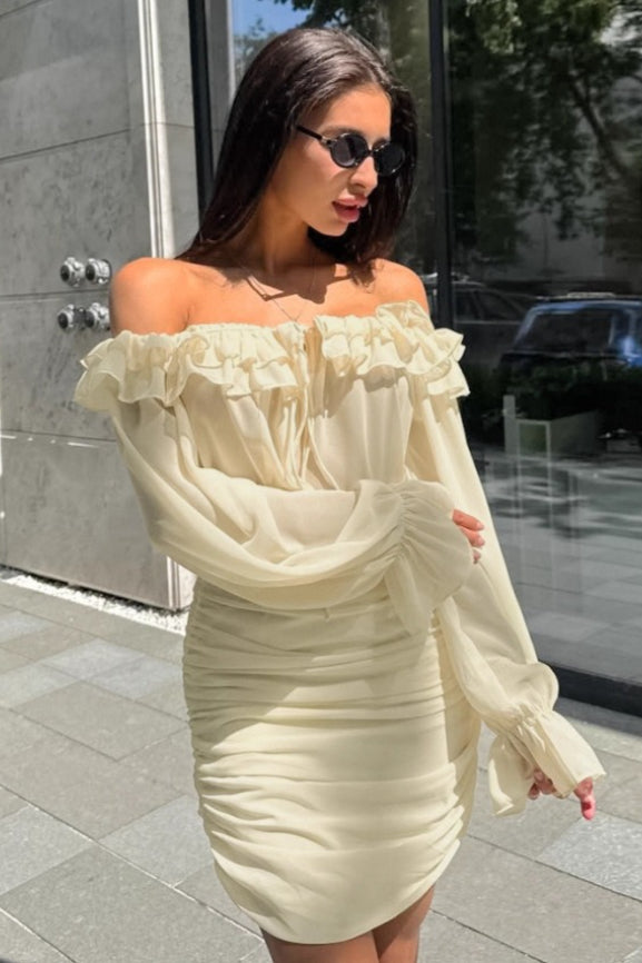 Off Shoulder Long Sleeve Ruffle Tie Front Mini Dress