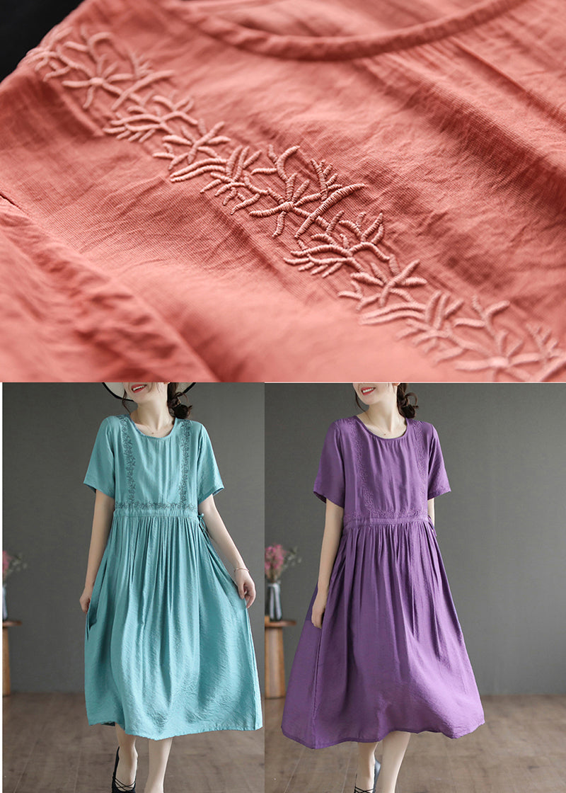 Embroidered Panel Round Neck Short Sleeve Gathered Midi Dress - View 4