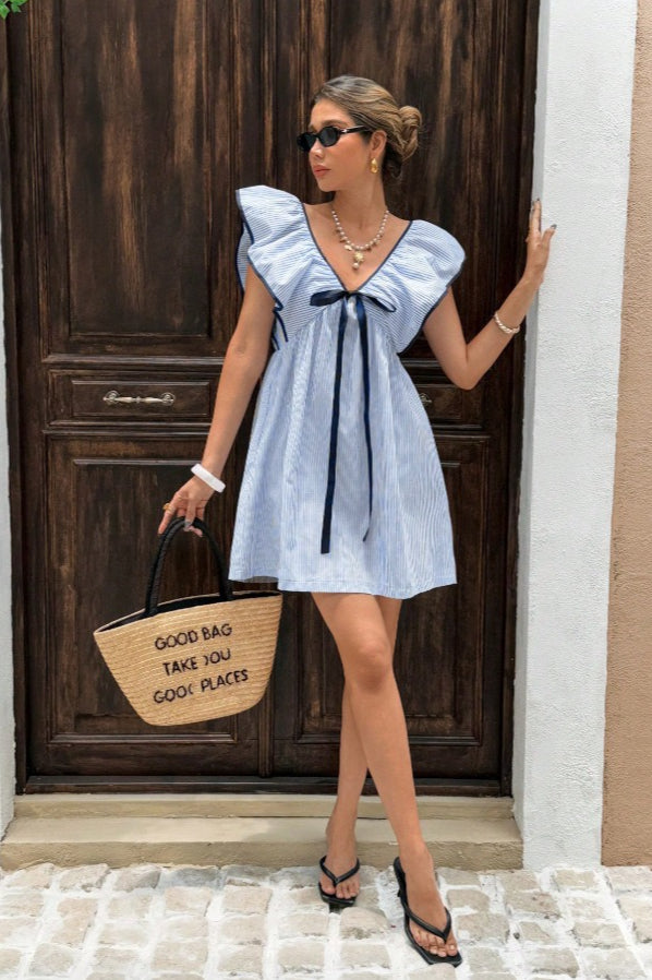 Striped V-Neck Ruffle Bow Babydoll Mini Dress 6