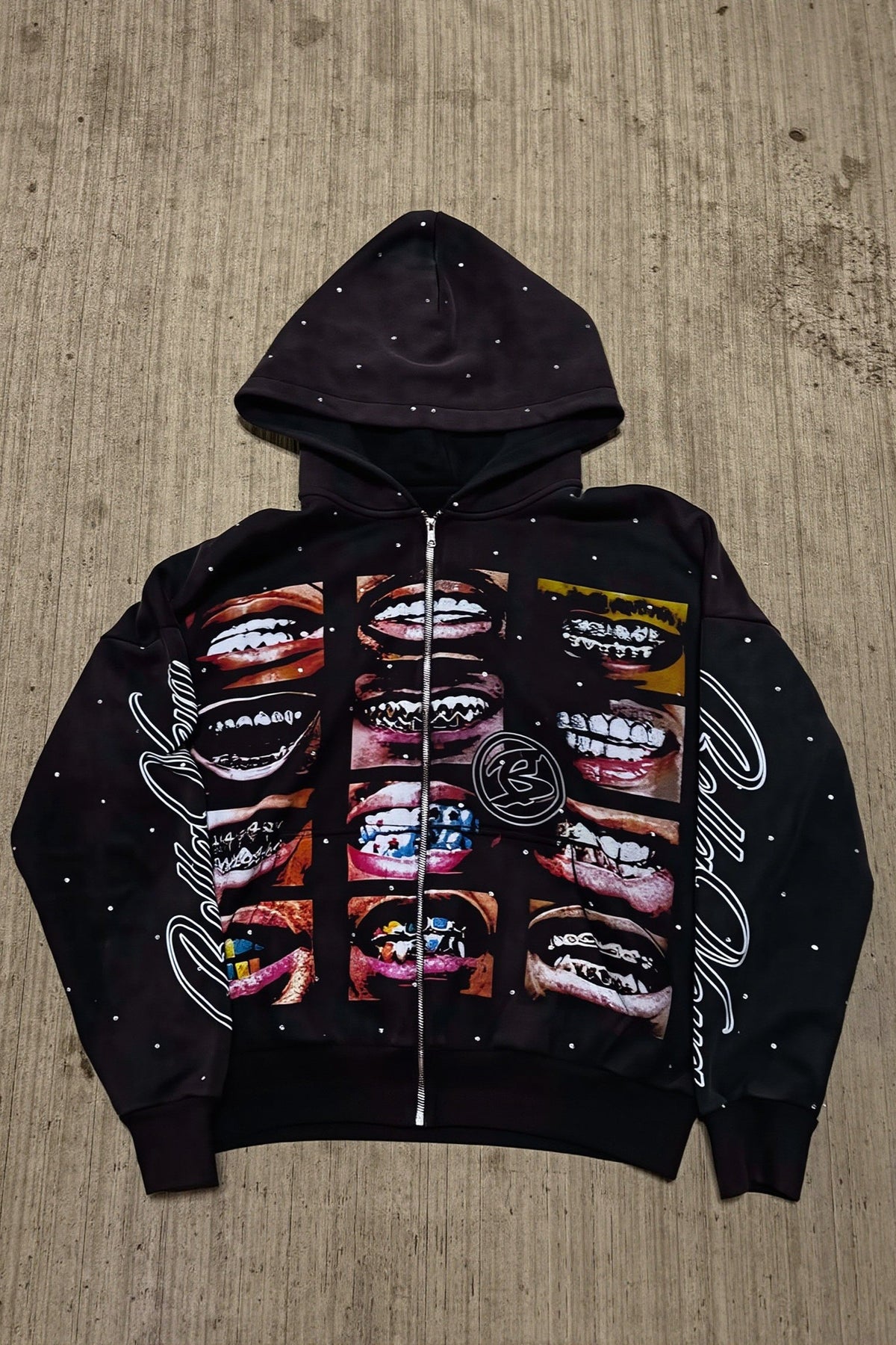 Mouth Collage Graphic Rhinestone Full Zip Hoodie