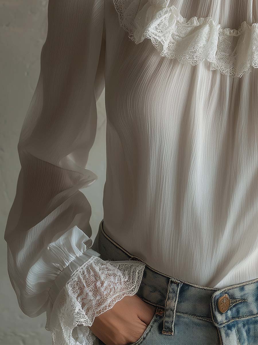 Victorian Lace High-Neck Blouse – Ivory White