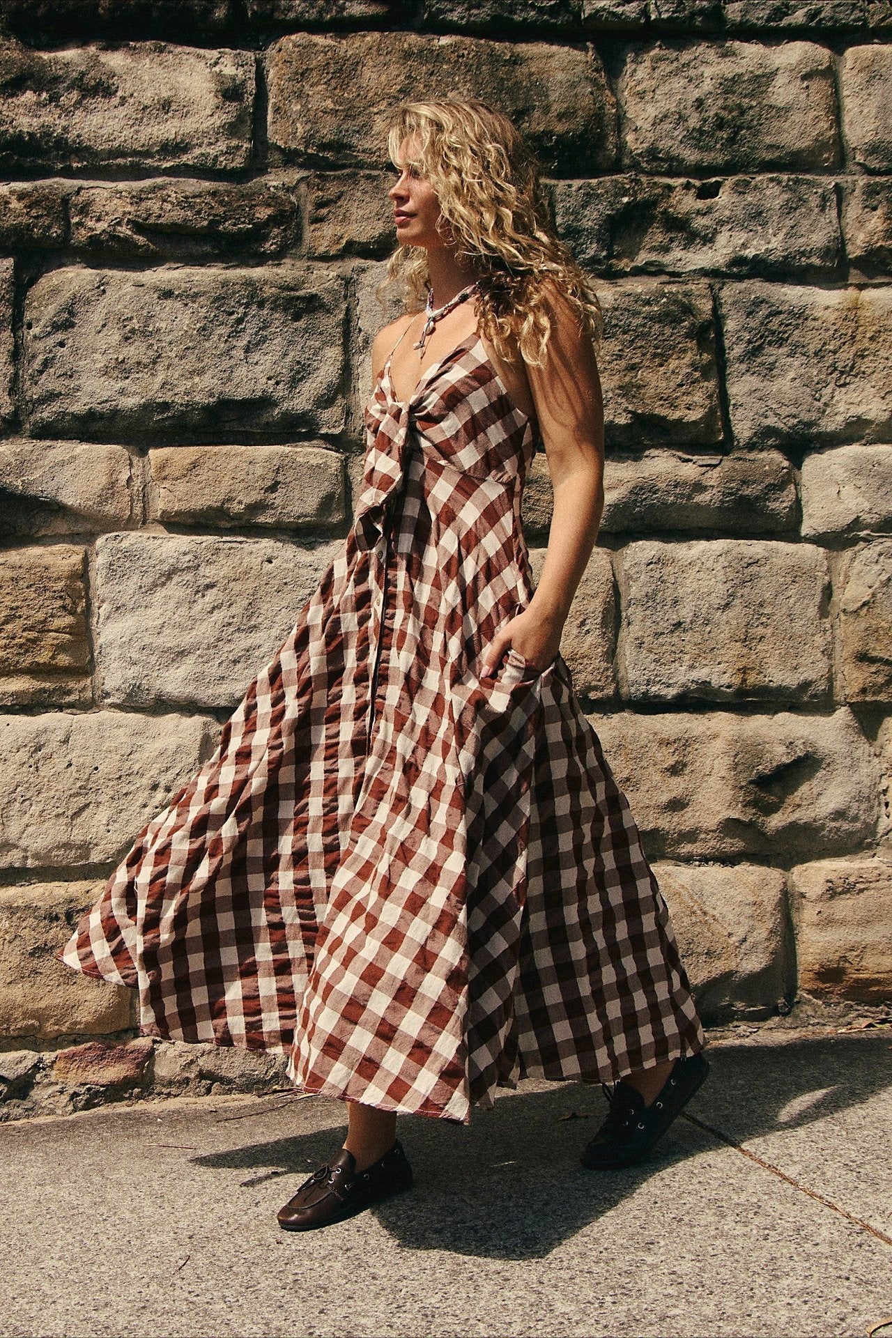 Chic Plaid Buttoned Halter Midi Dress