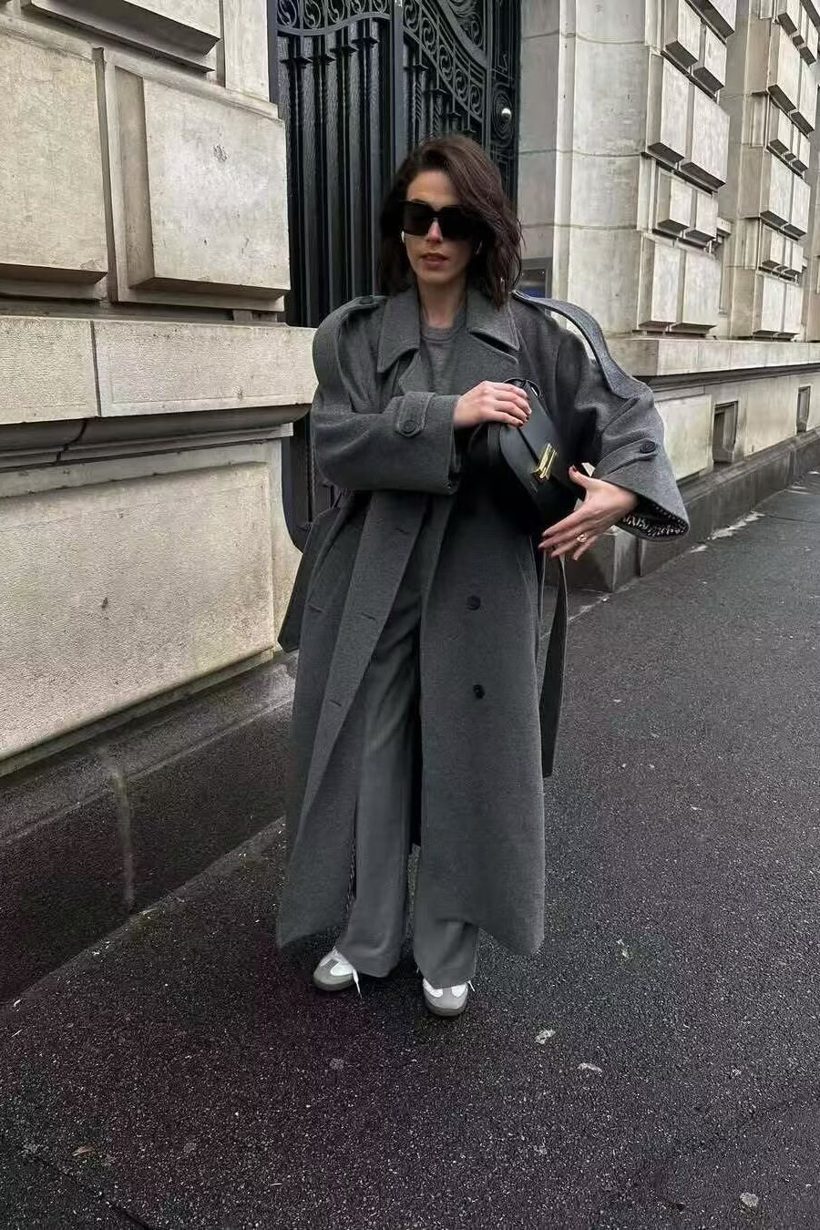 Belted Slim-Fit Woolen Long Overcoat for Elegant Style