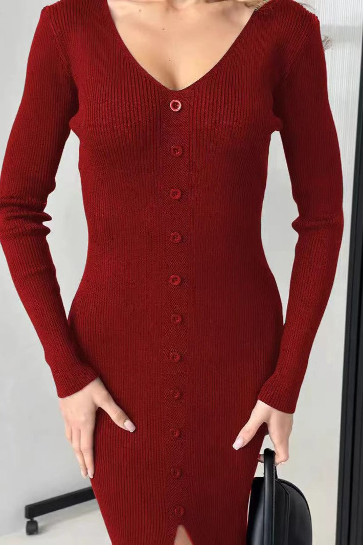 Elegant V Neck Knit Slit Midi Bodycon Dress