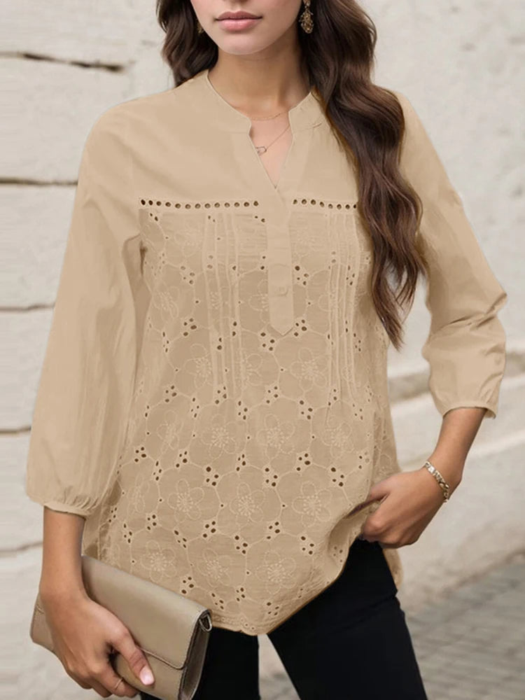 Pleated Lace Insert V-neck 3/4 Sleeve Blouse