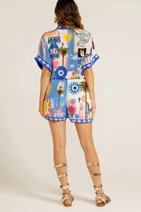 Unique Printed Short-sleeved Casual Loose Shirt and Elastic Waist Drawstring Pocket Shorts Set - Fashionpara