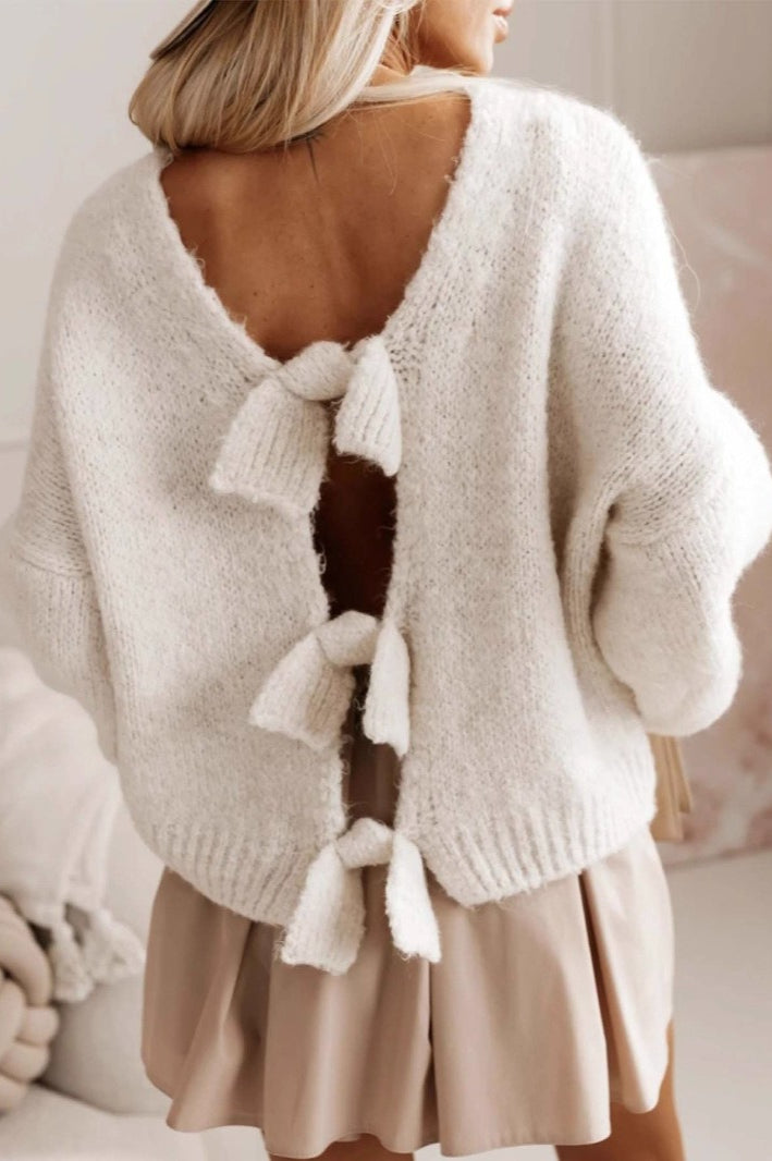 Backless Loose Knit Sweater with Bow-Tie Detail in Cream
