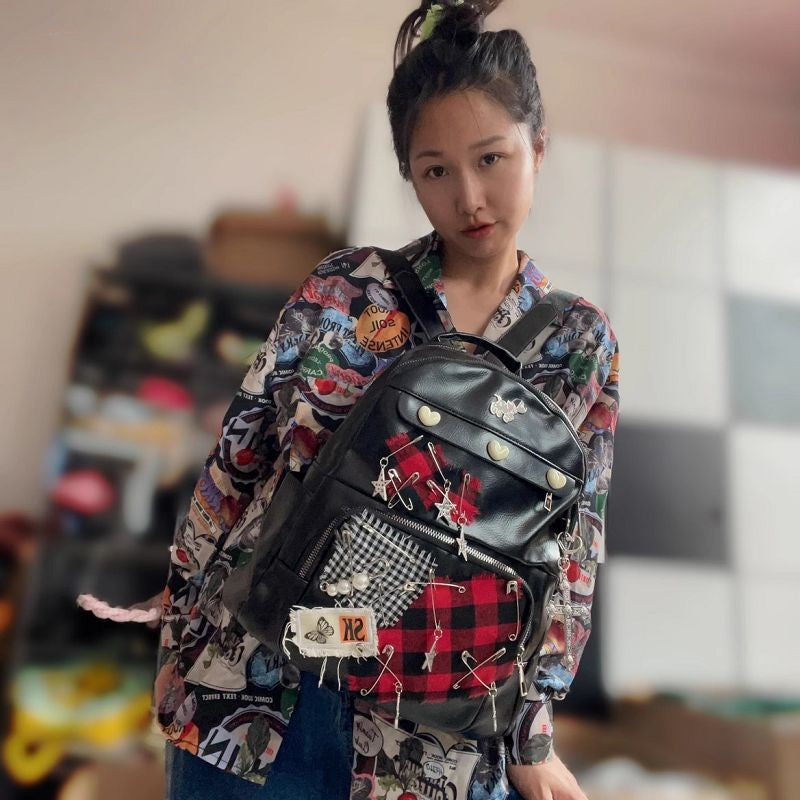 Large Capacity Gothic Star Patch Y2K Vintage Harajuku PU Leather Bag - Fashionpara