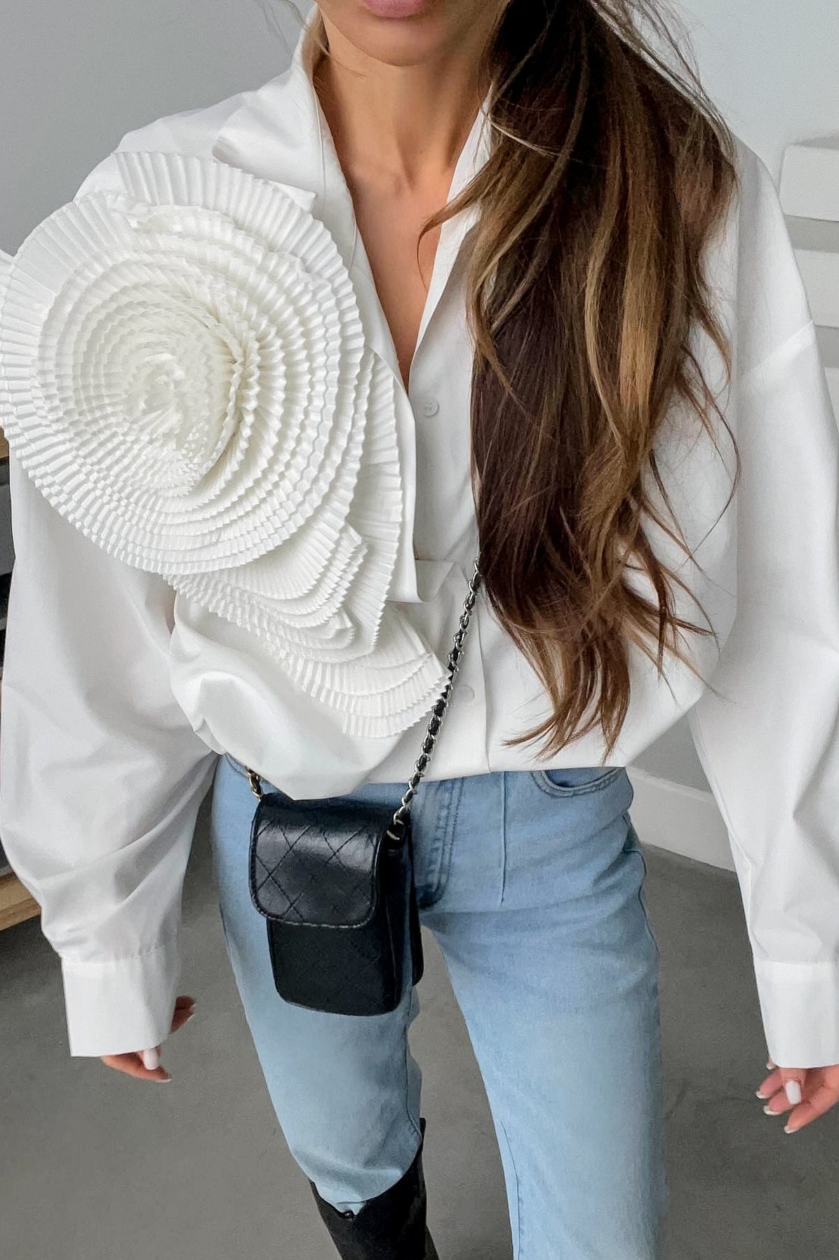 White Floral Drop Shoulder Oversized Dressy Casual Blouse - Fashionpara