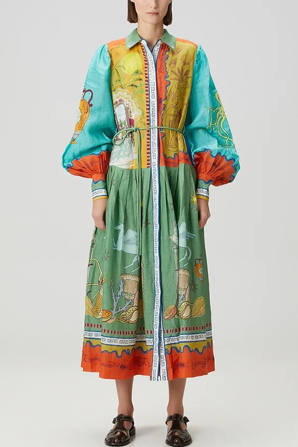 Puts A Smile Unique Print Lapel Lantern Sleeve Waist Tie Midi Dress - Fashionpara