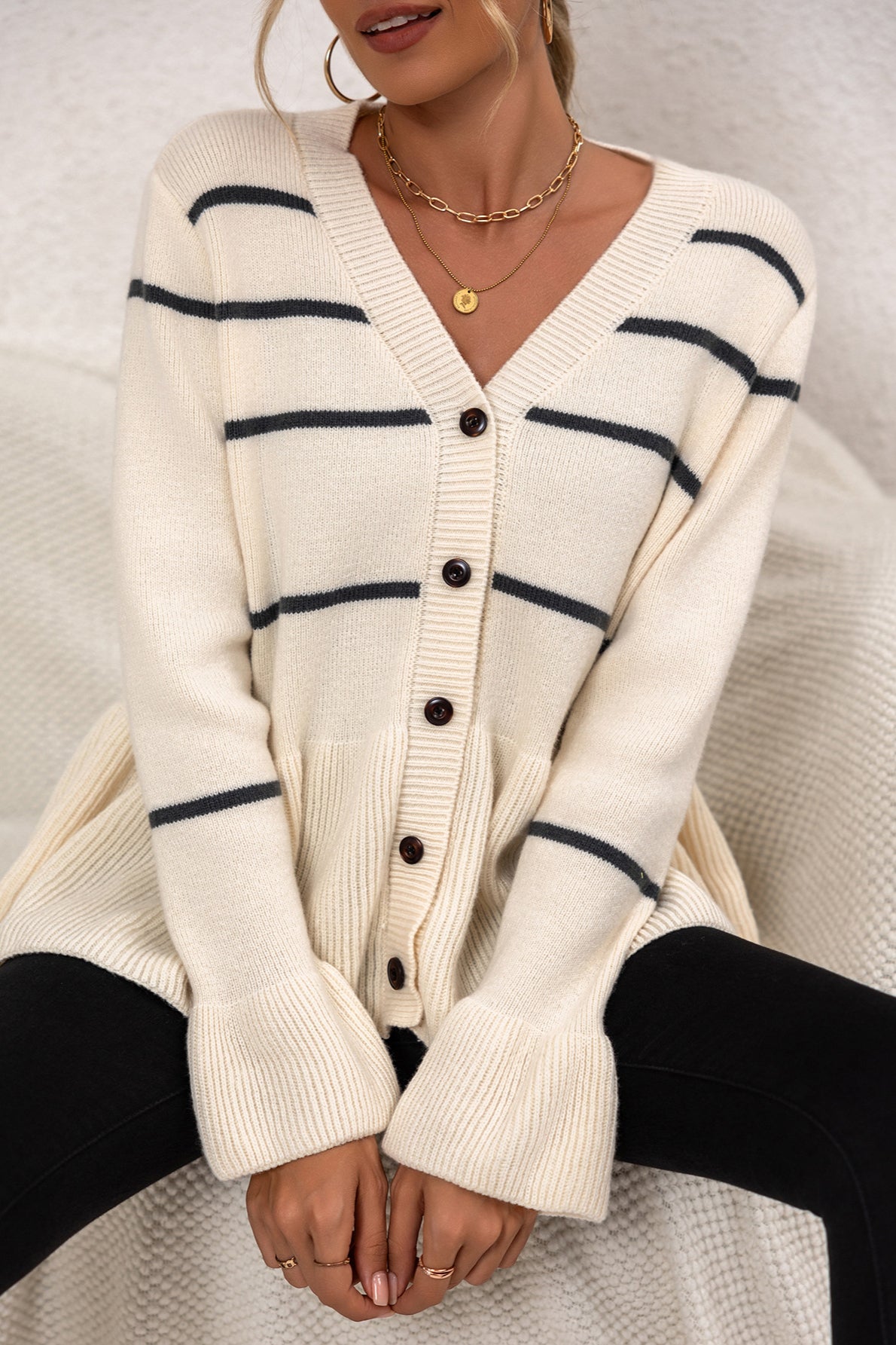 V-Neck Striped Knit Cardigan for Effortless Style and Comfort