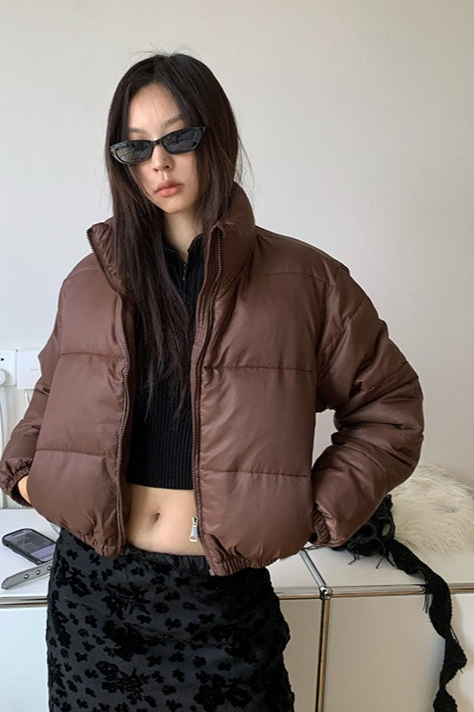 Brown Stand Collar Puffer Coat - Fashionpara