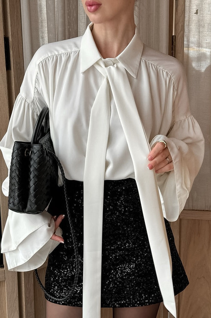 French Flare Sleeve Tie Blouse