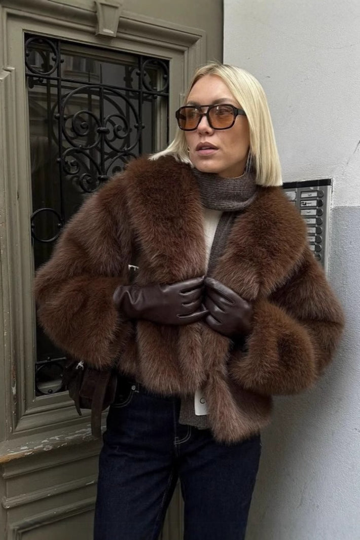 Retro Solid Color Plush Warm Short Notch Collar Coat