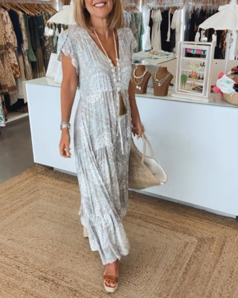 V-Neck Flutter Sleeve Buttoned Tiered Boho Maxi Dress - View 5