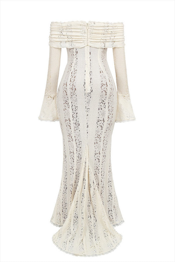 Leila Off Shoulder Floral Lace Flared Sleeve Fishtail Maxi Dress - View 12