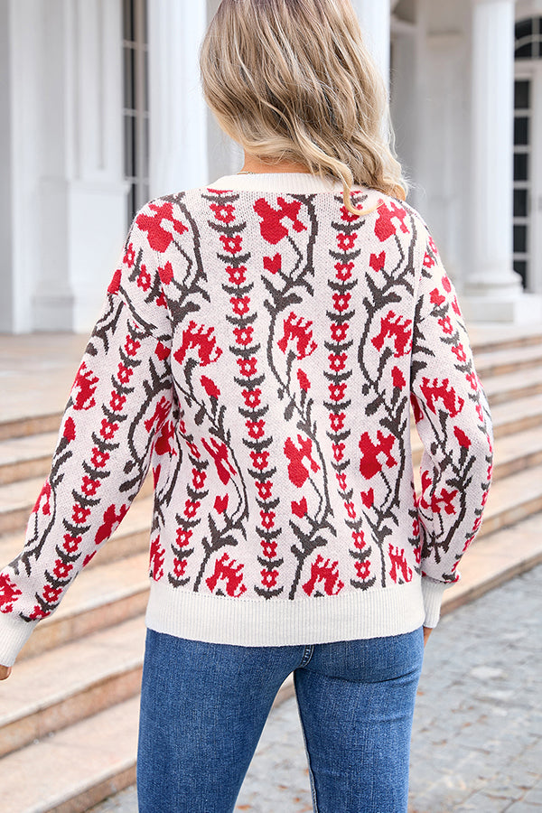 Lady Rin Floral Knitted Crew Neck Sweater for Casual Elegance
