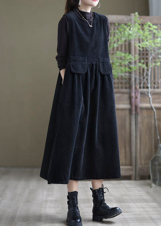 Corduroy Sleeveless Round Neck Flap Pocket A-Line Midi Dress