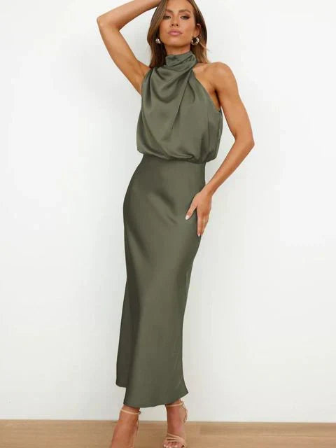 Satin Mock Neck Cowl Drape Sleeveless Bias Cut Midi Cocktail Dress - View 7