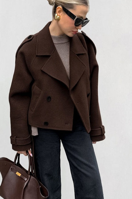 Notch Collar Double-Breasted Wool Blend Chic Trench Coat