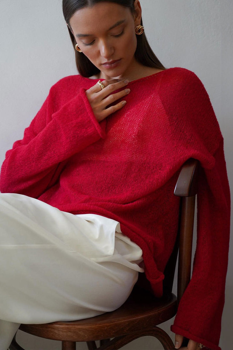 Solid Sheer Cutout Knit Casual Blouse