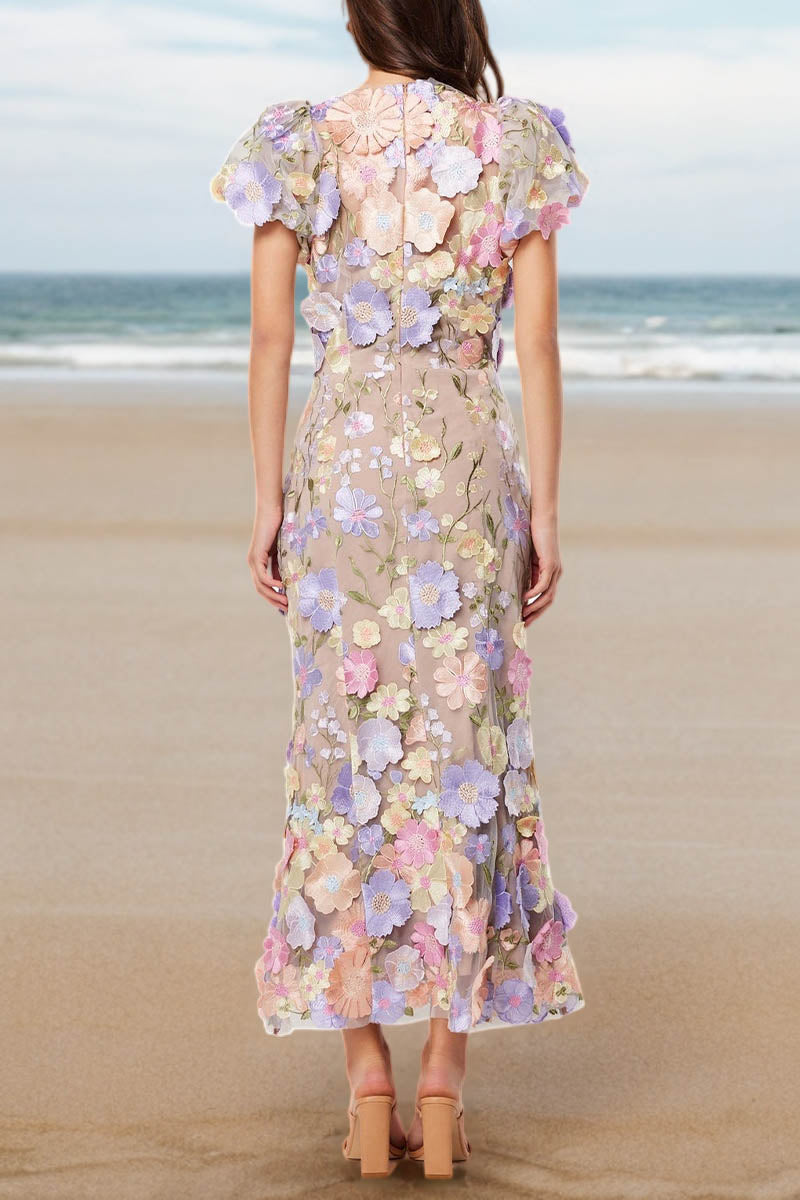 3D Lace Flower Crew Neck Puff Sleeve Midi Dress - Fashionpara