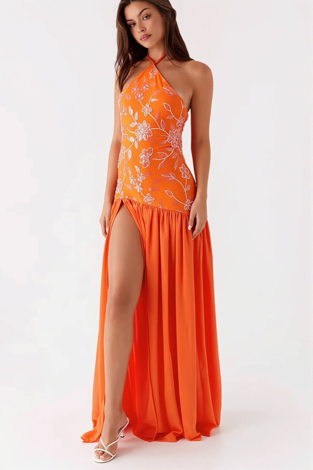 Floral Sequin Halter Neck Drop Waist Maxi Gown