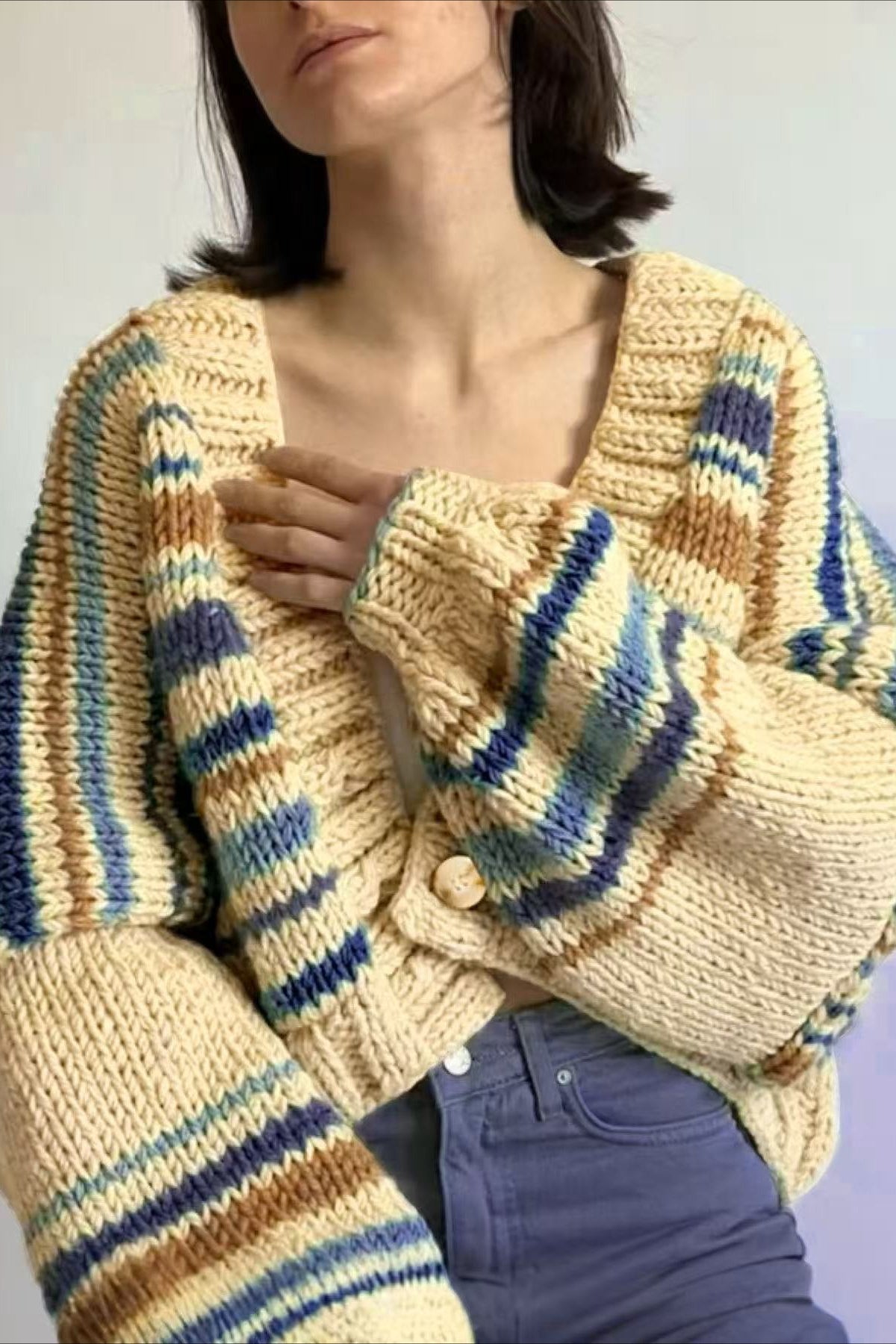 Color Block Knit Cardigan with Relaxed V Neck Design