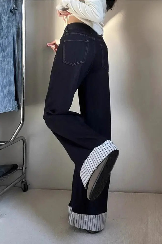 Denim Blue Striped Patchwork Wide Leg Jeans