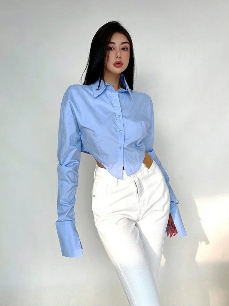 Korean Style Long Sleeve Button Crop Blouse