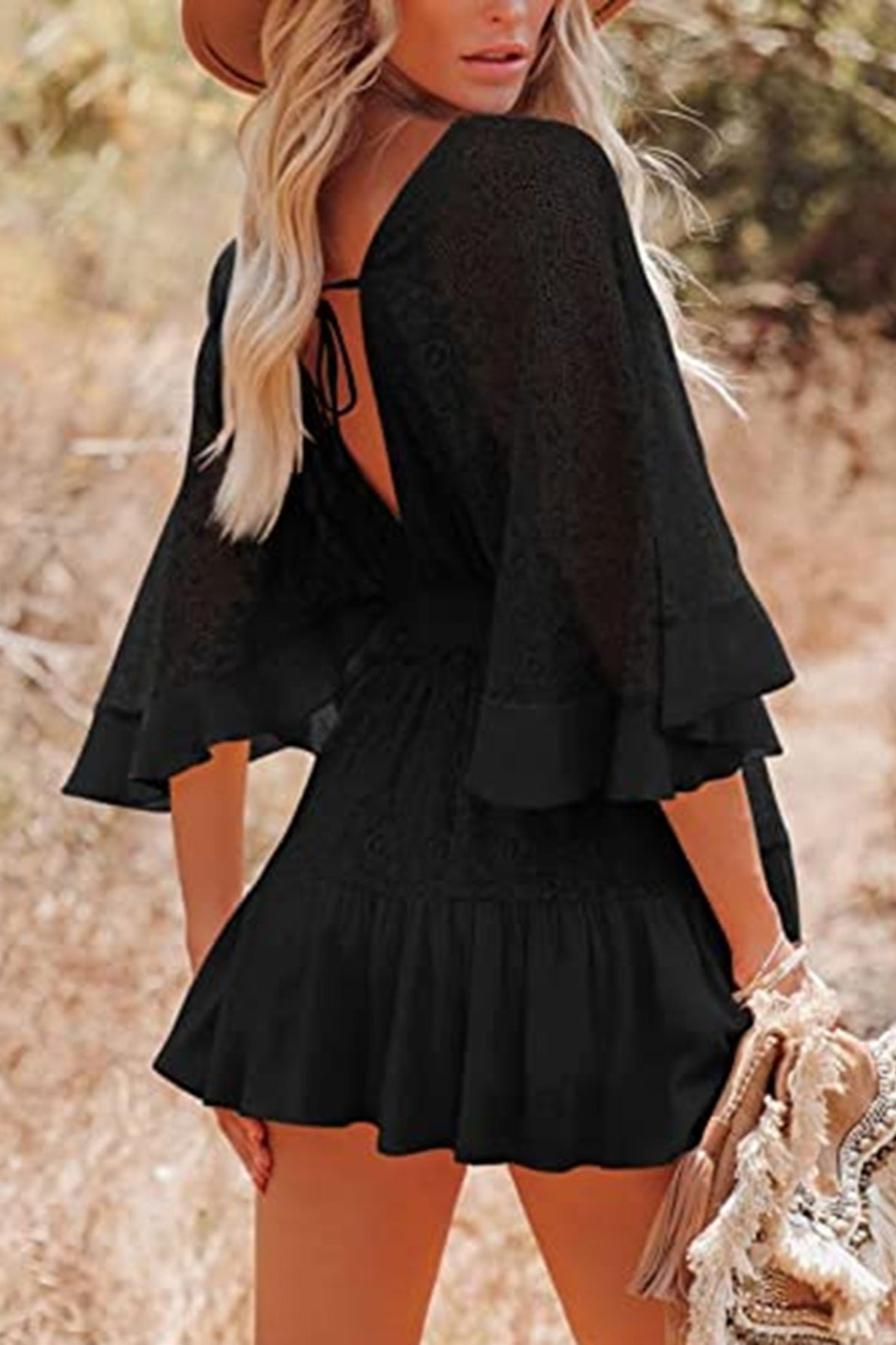 Crochet-Lace Flutter-Sleeve Smocked Tiered Mini Dress 7