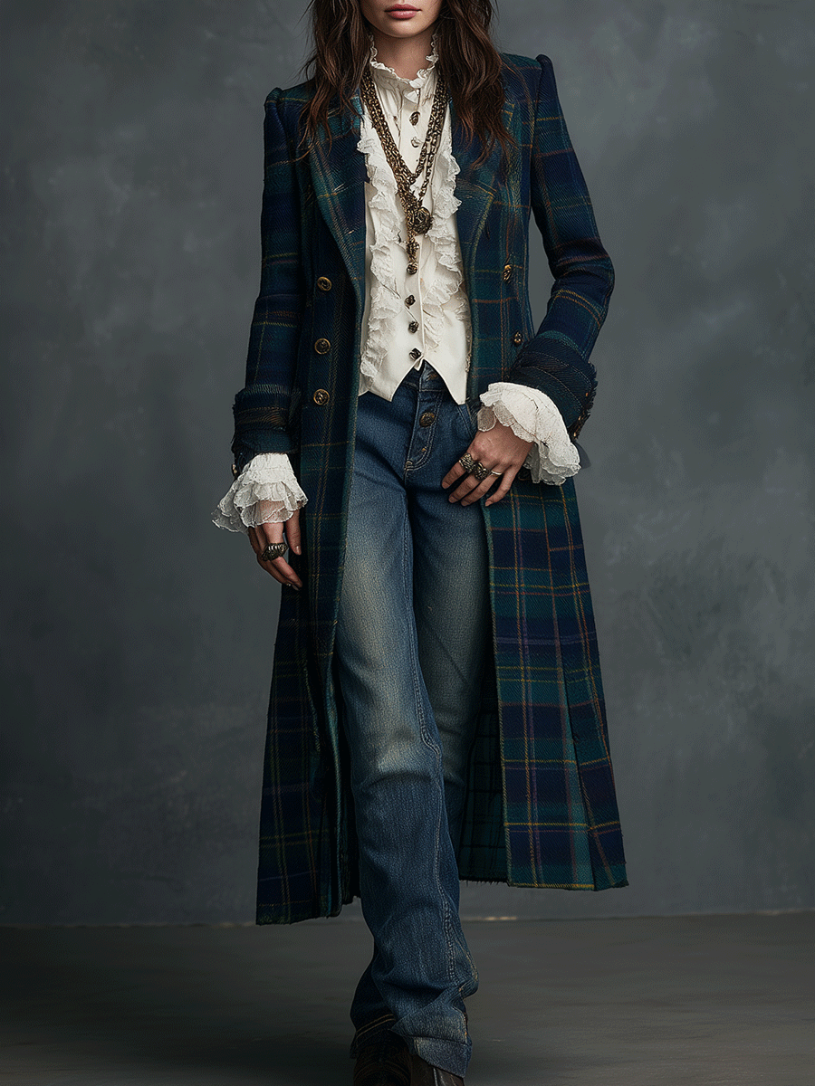 Vintage Navy Tartan Long Military Vintage Gold Buttons Coat - Fashionpara