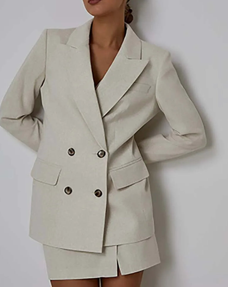 Apricot Double Breasted Mini Skirt Office Two Piece Set