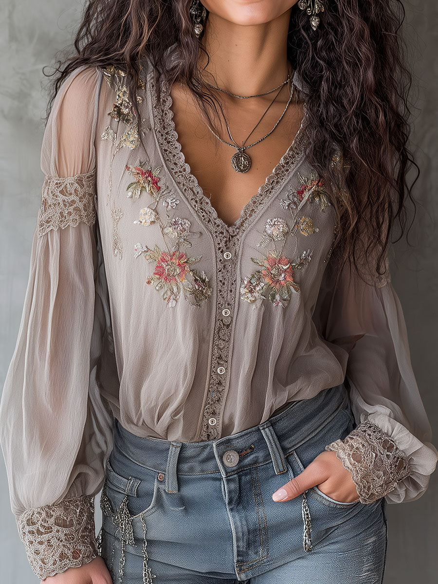 Romantic Floral Embroidered Sheer Blouse With Lace Trim - Fashionpara