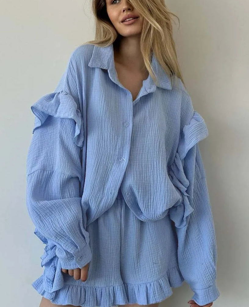 Blue Cotton Lapel Ruffled Shirt Office Two Piece Set