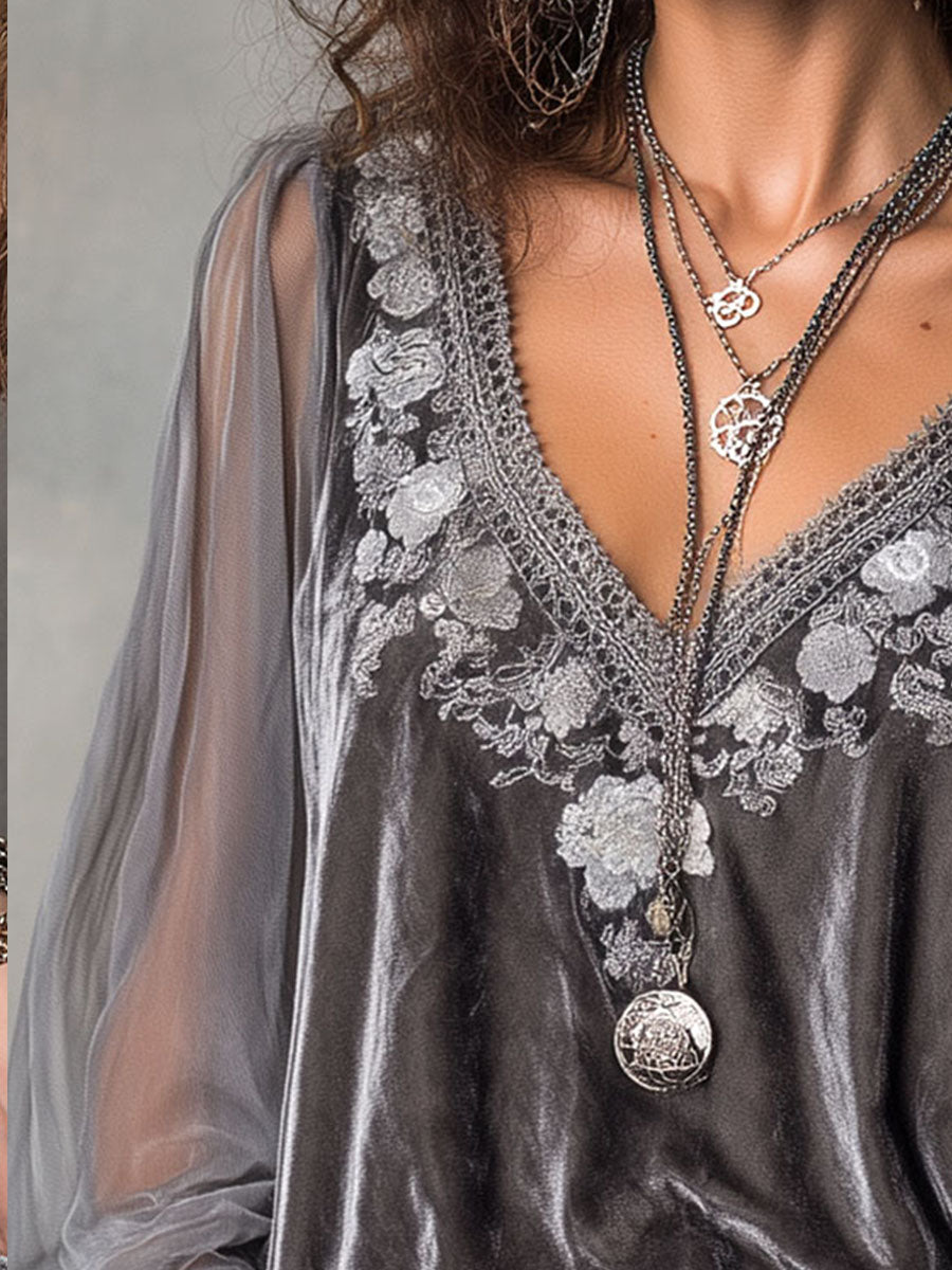Vintage Grey Embroidered Velvet Blouse With Lace And Sheer Balloon Sleeves - Fashionpara