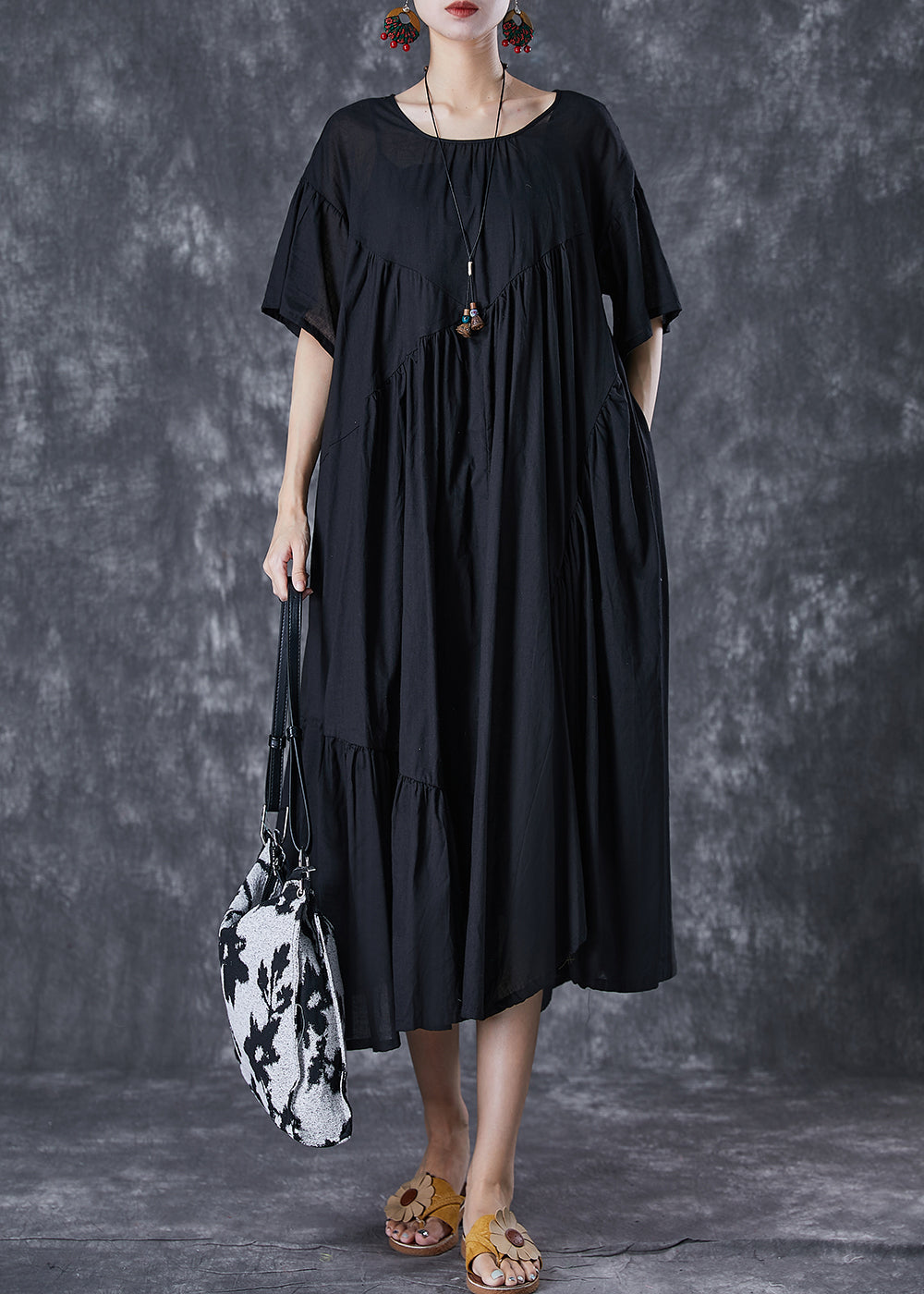 Oversized Asymmetrical Tiered Pleated Pocket Midi Smock Dress