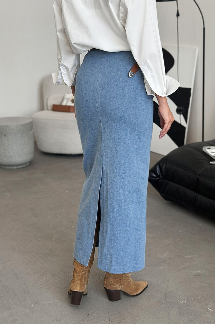 Blue Denim Bodycon Split Skirt