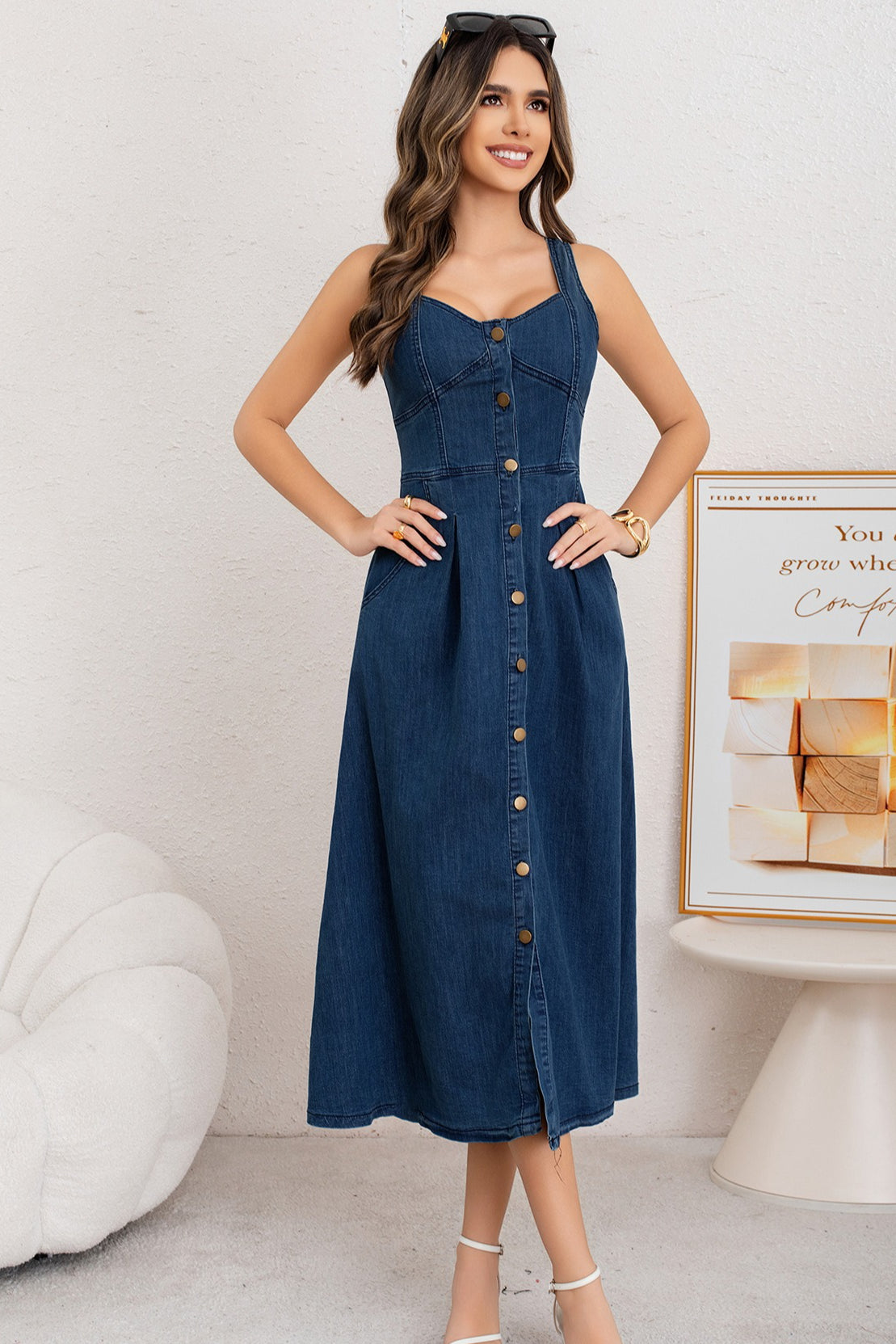 Washed Button Front Cami Denim Dress
