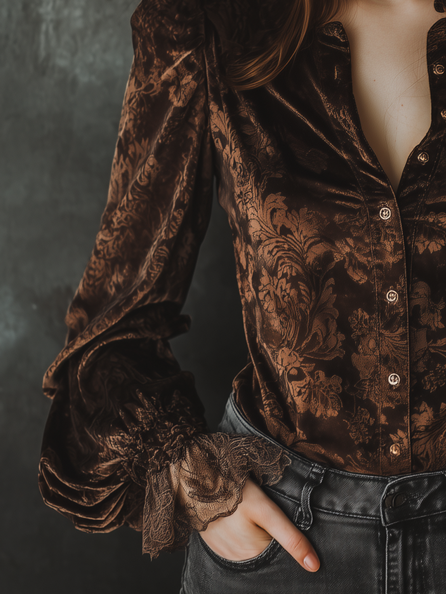 Vintage Printed Lace Cuffs Poly Velvet Blouse - Fashionpara