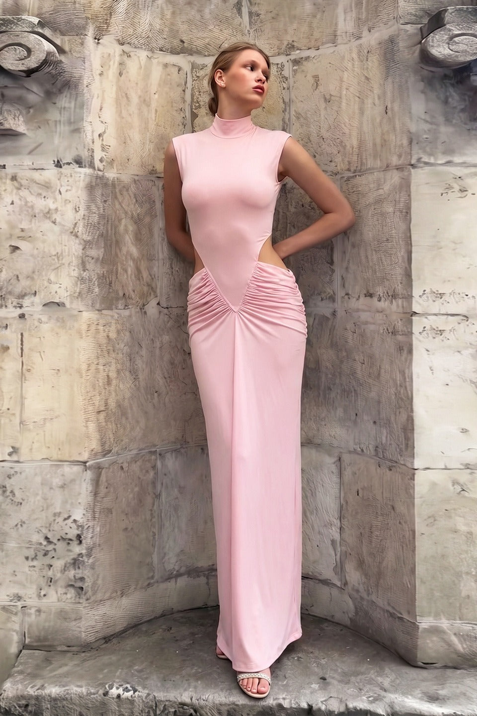 Mock Neck Sleeveless Cut-Out Ruched Maxi Dress